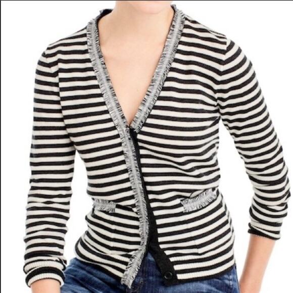 J. CREW Black White Striped Harlow Cardigan Cardi Sweater Button Tweed Trim S - Picture 1 of 7